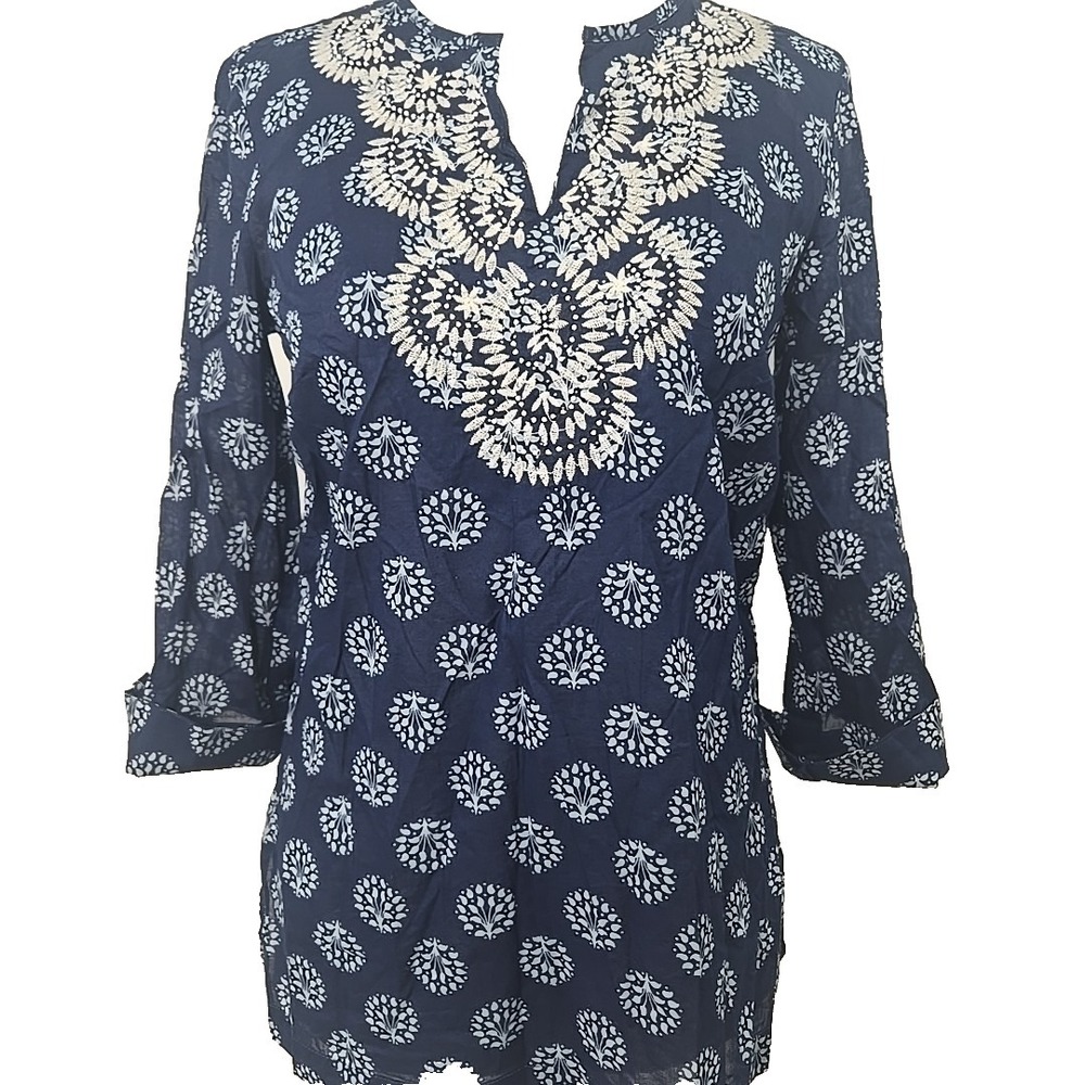 Talbots XS Blue Print‎ 100% Cotton Embroidered Tunic Top 3/4 Sleeve